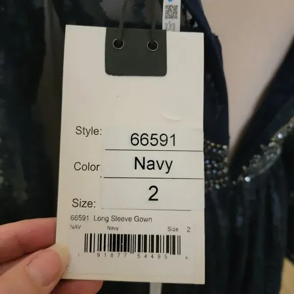 Mac Duggal 66591 Navy Blue 2 Long Sleeve Formal Embroidered Maxi Gown Dress - Picture 13 of 15